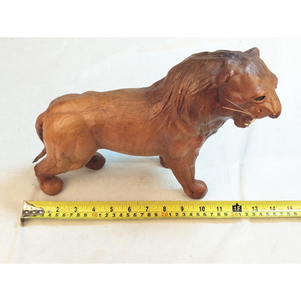 Vintage Large Leather Wrapped Paper Mache Lion Figure, Glass Eyes